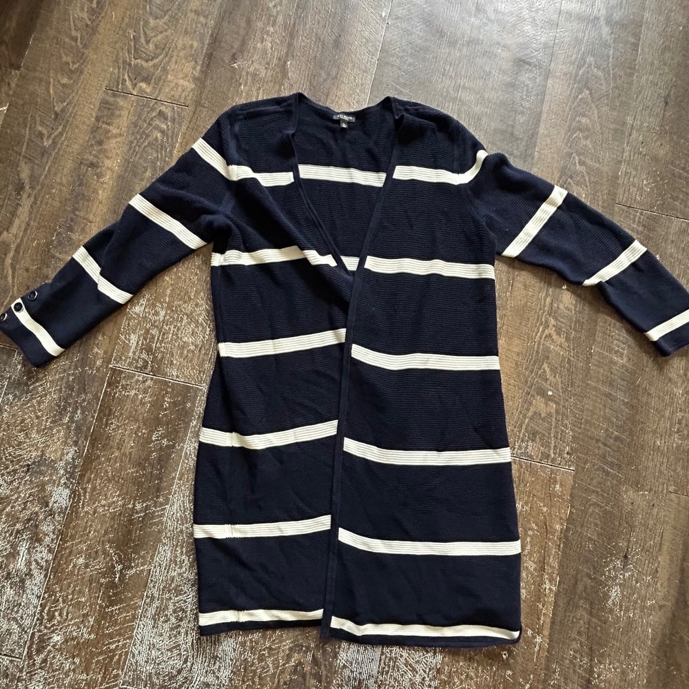 Talbots Plus Petite XP Navy Blue White Striped Open Front Cardigan Button Cuff